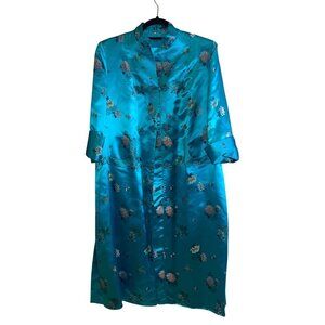 Vintage Womens Robe Size 40 Blue Duster Kimono Pockets Floral Full Lined Casual
